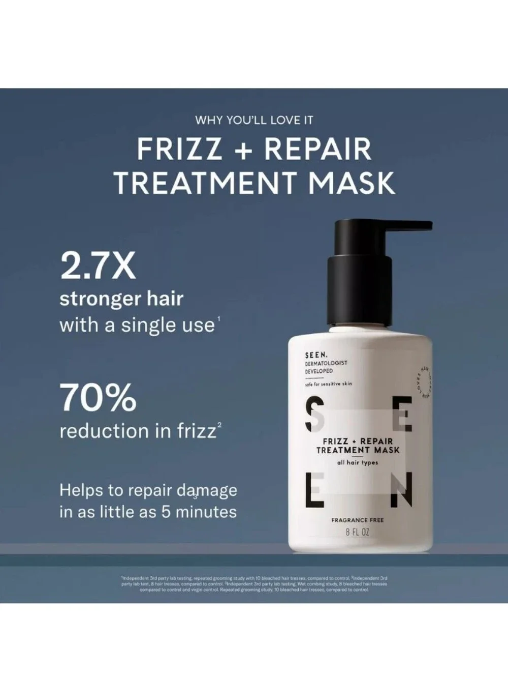 SEEN FRIZZ + REPAIR TREATMENT MASK FOR ALL HAIR TYPES, FRAGRANCE FREE.